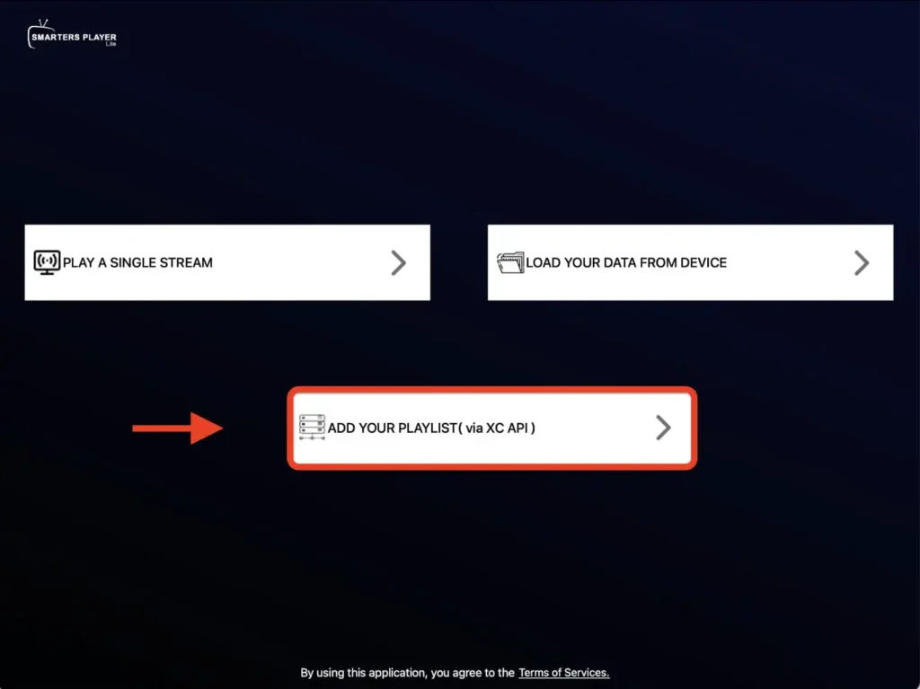 اختيار إضافة قائمة تشغيل عبر Xtream Codes API في Smarters Player Lite